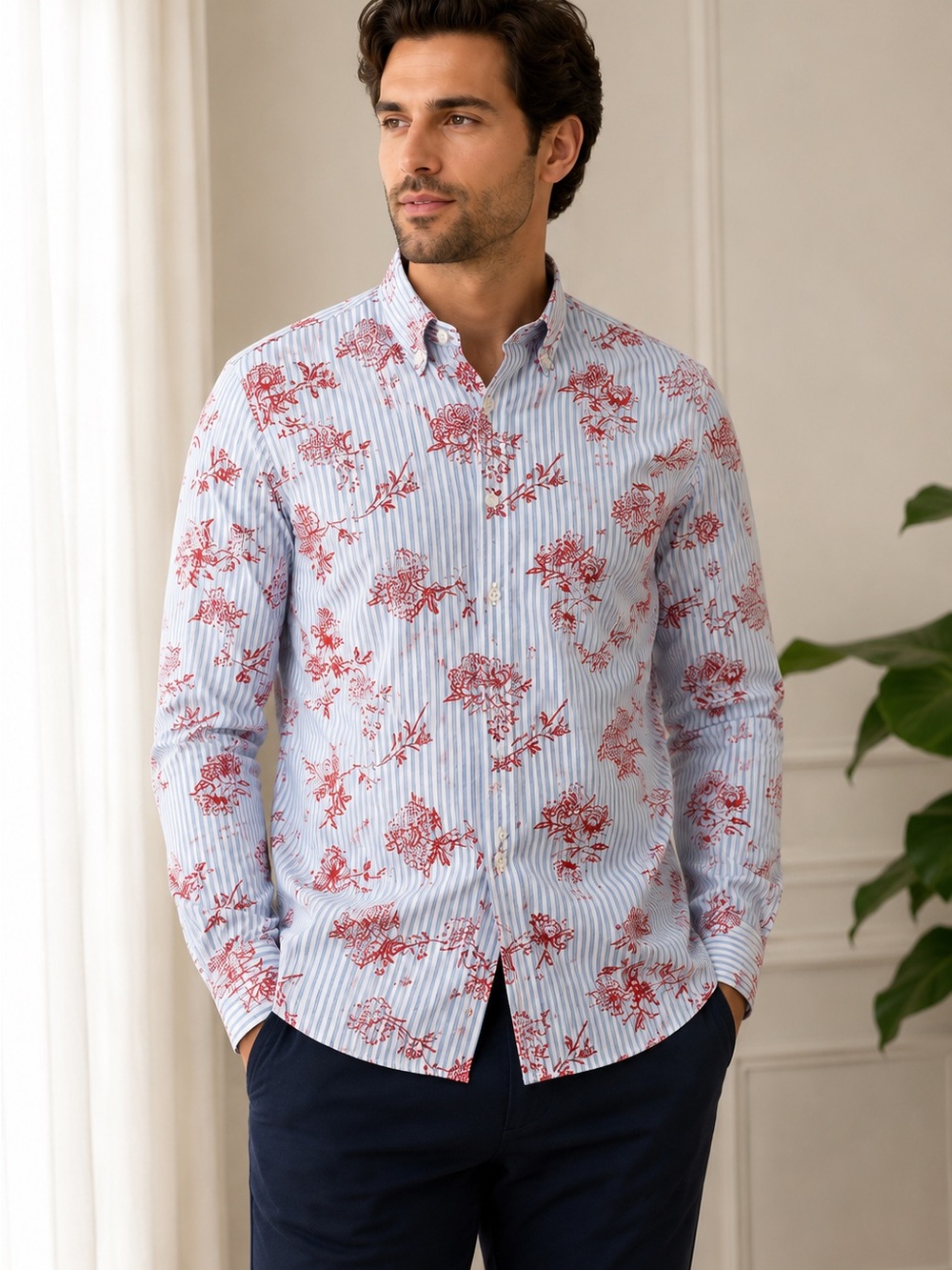 NWT Lindbergh Black Label Men Floral Dress Shirt 100% Cotton M 39/40